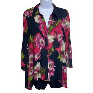 Sunny Leigh Floral High Low Semi Sheer Tunic Blouse w/ Bell Sleeves- Medium